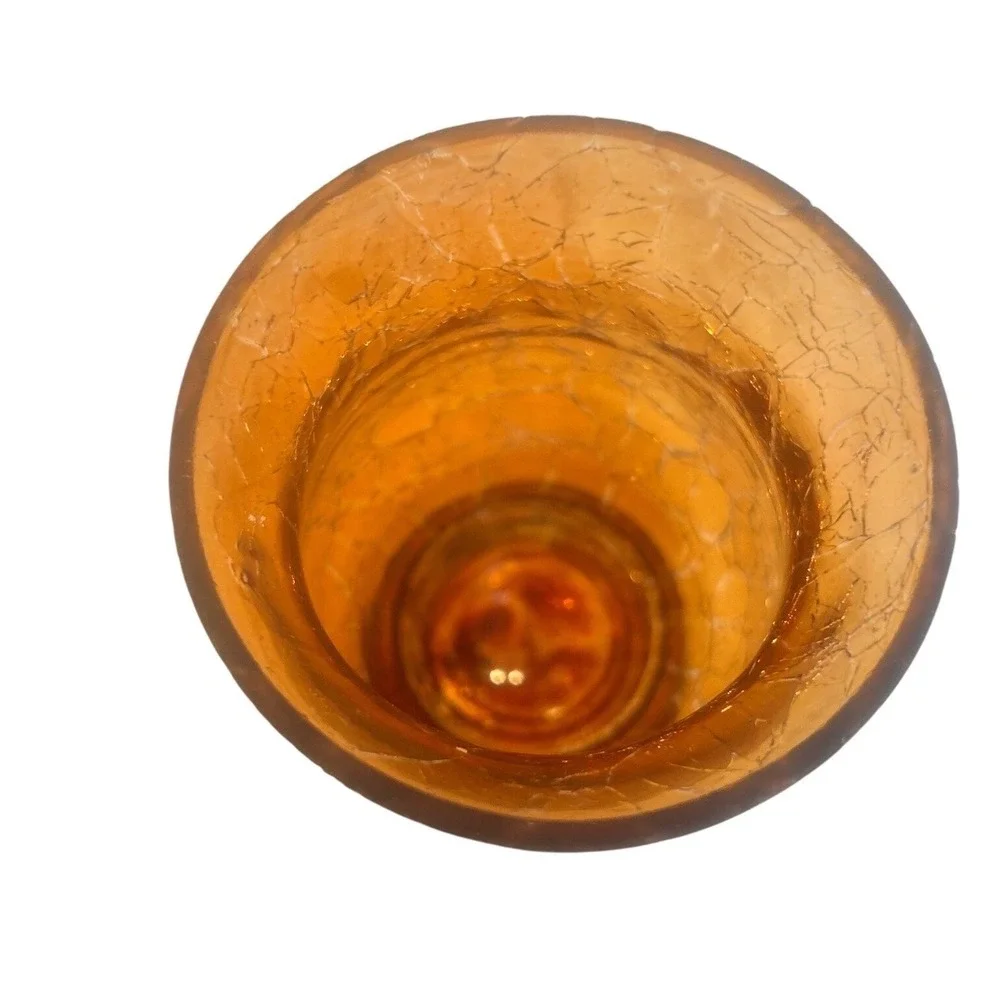 Yankee Candle 2012 Amber Crackle Glass Votive Candle Holder Orange Pedestal 4.5